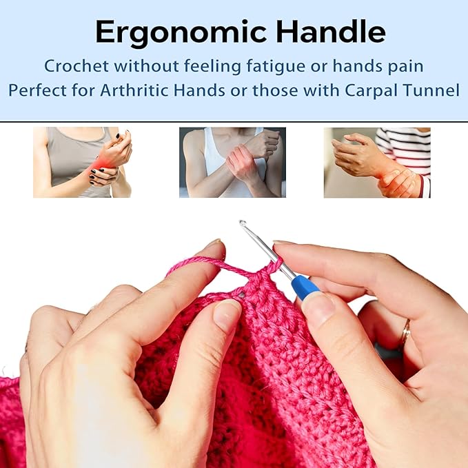 4mm Crochet Hook, Ergonomic Crochet Hook, Smooth and Extra Long  Knitting Needles, with Soft Rubber Ergonomic Handle and Aluminum Tip, Perfect Beginner and Arthritic Crochet Hooks (4 mm)