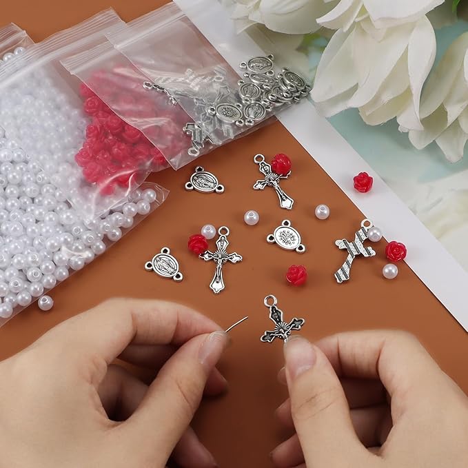 OEMOO 1410PCS Rosary Jewelry Making Kit Rosary Prayer Making Supplies Carved Rose Beads Cross Centerpiece Crucifix Medal Kit First Communion Necklace Set for Rosary Necklace Jewelry Making (White)