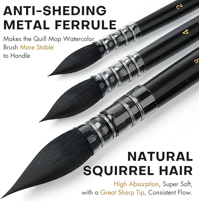 3PCS Squirrel Hair Watercolor Brushes, Fuumuui Professional Mop Round Quill Detail Fine Tip Watercolor Paint Brush Set for Water Color Gouache Ink Painting - Sizes #2, 4, 8