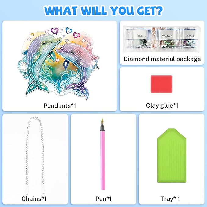 Bowetile Dolphin Diamond Art Hanging Kits for Adults, 5D Special Shape Diamond Painting Animals Kits, Animal Gem Art Suncatchers Painting Pendant Ornament for Home Garden Wall Decor