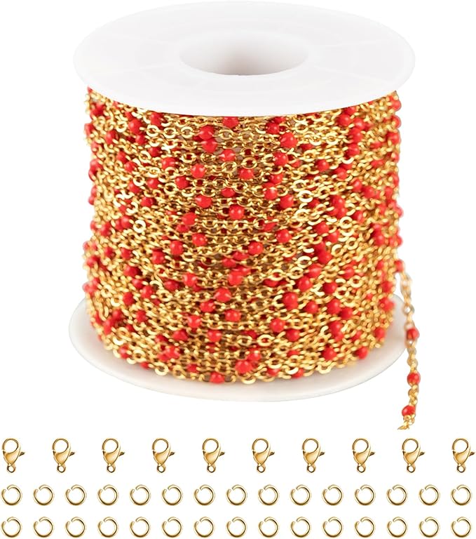 UMAOKANG 10 Meters Gold Plated Chains for Jewelry Making Red Enamel Bead Stainless Steel Chain for Women Necklace DIY Craft