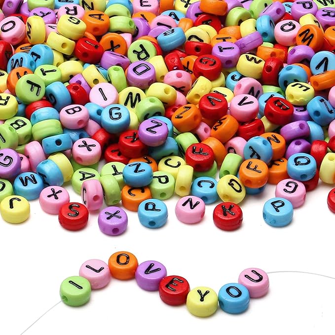 LAIDANLA 1500PCS Acrylic Letter Beads Alphabet Black Letters Colorful Round Bead 7×4mm for Jewelry Bracelets Necklaces Key Chains Making