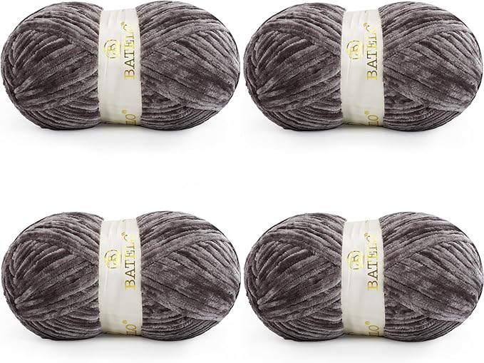 Velvet Chenille Yarn for Crocheting & Knitting 1440 Yards, Soft Thick Fluffy Bulky Blanket Yarn, 4 Pack of 10.5oz (Grey Black)