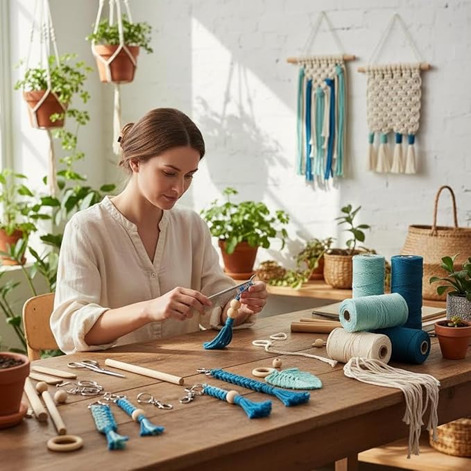 Ewparts Art Craft Macrame Kits for Adult Beginner with Instruction Book, Online Tutorials,Macrame Cord 3mm,Wood Ring/Beads,Wooden Dowel,Key Rings,Key Chain to Make Wall Hanging,Keycgain,Boho Dector