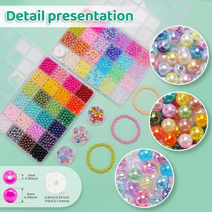 2400pcs Pearl Beads, 47 Colors Round Beads for Bracelets, Multicolor Bracelet Making Kit, for Jewelry Making with Elastic String, DIY Crafts Set (6mm)