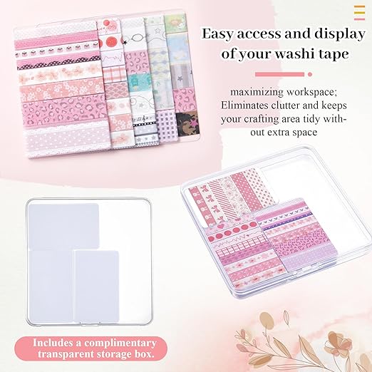 Crtiin 60 Pcs Washi Tape Cards Organizer with Storage Box –Portable Washi Tape Holder & Display Board for Scrapbooking, Journaling, DIY Crafts, Travel(Clear)