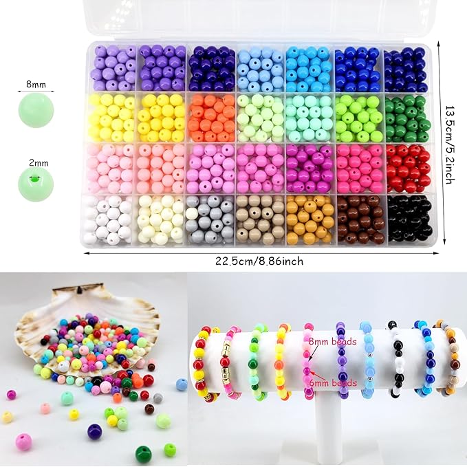 756Pcs 8mm Acrylic Round Beads for Jewelry Making, 28 Colors Rainbow Round Beads for Bracelets Making Kit Pastel Plastic Bubble Gum Beads Loose Beads Bulk for DIY Necklace Crafts