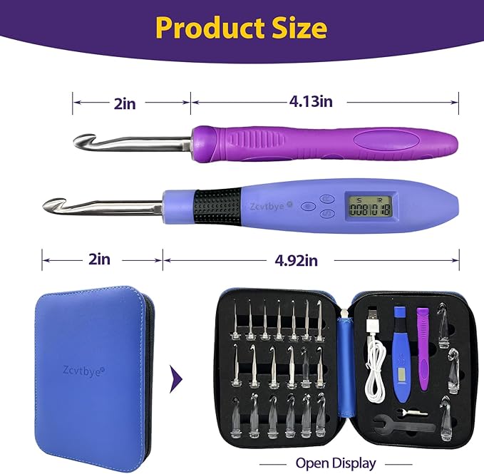 Counting Crochet Hooks with 22 Interchangeable Hooks Kit, Light Up Crochet Hook Set - Ergonomic for Arthritic Hands, Digital Stitch & Row Counter, Lighted Crochet Needles Kit with Case (Blue, 22 Size)