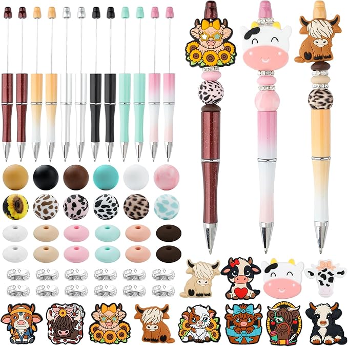 12 Set Highland Cow Theme Plastic Beadable Pens DIY Set, Assorted Bead Pens Crystal Round Spacer Pendant Set Black Ink DIY Ballpoint for Teachers, Women Men Gift Office Supplies