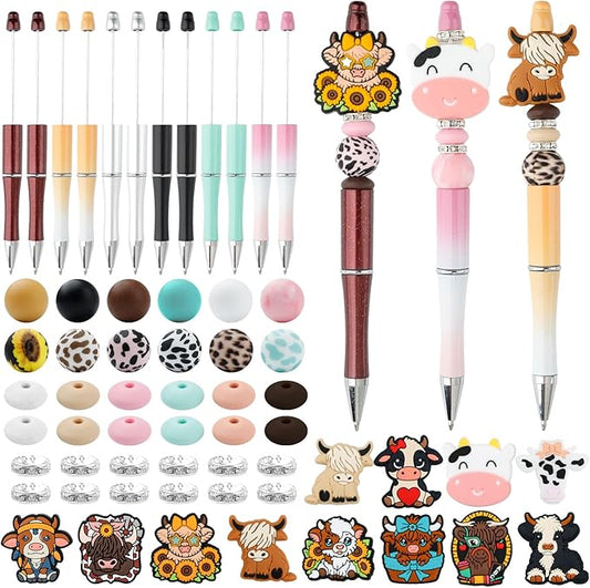 12 Set Highland Cow Theme Plastic Beadable Pens DIY Set, Assorted Bead Pens Crystal Round Spacer Pendant Set Black Ink DIY Ballpoint for Teachers, Women Men Gift Office Supplies