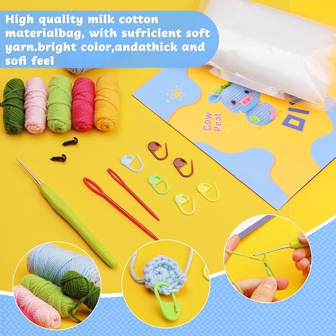 SAMLMAP Crochet Kit for Beginner Learn to Animal Amigurumi Crochet Kit Adult Kit with Step-by-Step Instructions and Video Tutorials Cow Mushroom Potted Plant Coasters