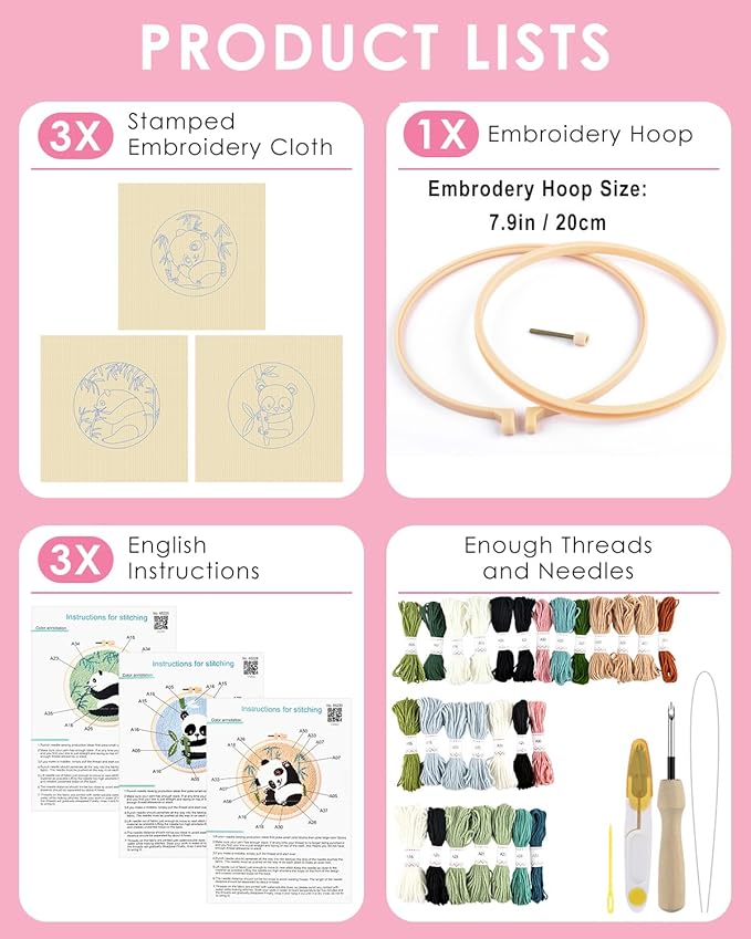 TINDTOP 3 Sets Punch Needle Kits, Panda Punch Embroidery Kits for Adults Beginner, Tool with Punch Needle Fabric, Hoops, Yarns and Sewing Needles