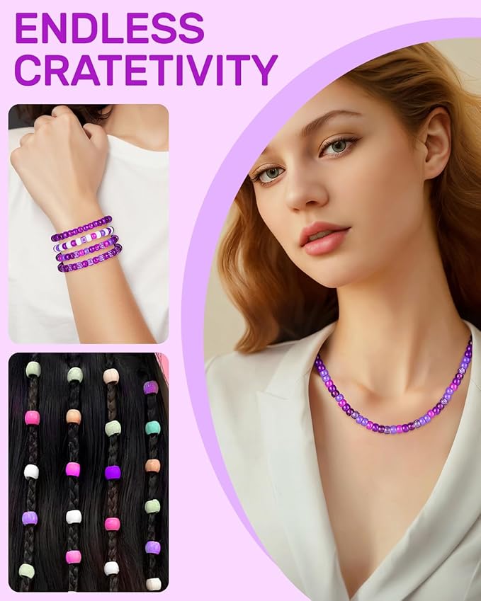 1000+ Pcs Pony Beads – Assorted Matte Purple & Rainbow Barrel Beads for Adult Jewelry Making, Bracelets, Necklaces, Keychains, Decorative Crafts