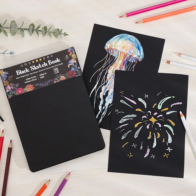 50 Sheets Black Paper Sketchbook, 98lb/160gsm Heavyweight Black Sketch Pad 5.8×8.3in, Acid-Free Drawing Paper, Spiral Bound Sketch Book for Kids, Teens, Artist