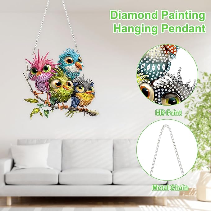 TOSTOG Diamond Art Hanging Kits for Adults, 5D Birds Diamond Painting for Adults Window Pendant, Special Shape Diamonds DIY Birds Diamond Painting Hanging Pendant Kit for Wall Decor Gift