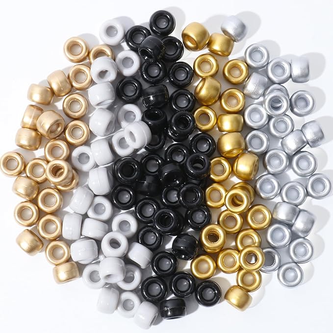 1200Pcs Friendship Bracelet Bead, 6x9mm Pony Beads for Jewelry Making, 5 Style Gold Silver Colors Kandi Bead Bulk, Hair Beads for Braids with Stretch Cord and Scissors