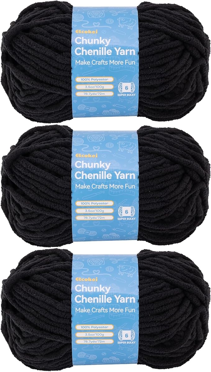 Chenille Yarn #6, Super Bulky Blanket Yarn for Crocheting & Knitting, Extra Soft Chunky Thick Yarn, Easy to Crochet, Perfect for Amigurumi, Baby Blankets, DIY Home Decor, 3Skeins(300g/10.5oz), Black