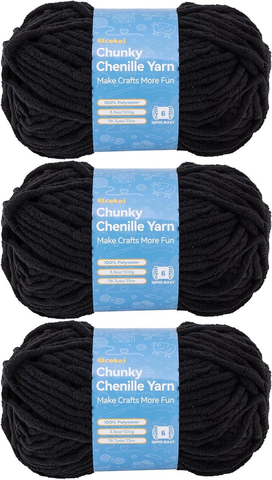 Chenille Yarn #6, Super Bulky Blanket Yarn for Crocheting & Knitting, Extra Soft Chunky Thick Yarn, Easy to Crochet, Perfect for Amigurumi, Baby Blankets, DIY Home Decor, 3Skeins(300g/10.5oz), Black