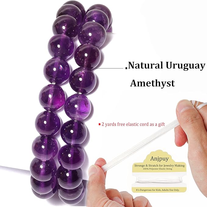 8mm Natural Uruguay Amethyst Round Bead - 45PCS Bulk Gemstone Beads for Jewelry Making, DIY Bracelets, Necklaces - Includes Crystal Stretch Cord - Stone Beads for Crafting Gifts