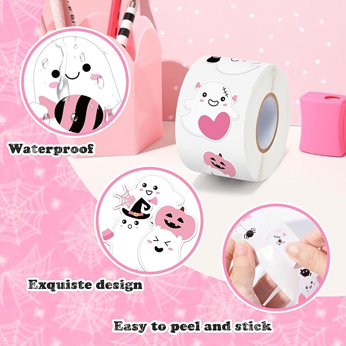 beyumi halloween pink ghost sticker - 1000pcs in 2 rolls halloween pink cute style ghost rolled stickers kawaii boo funny patterns waterproof vinyl decals for party school envelope gift decor