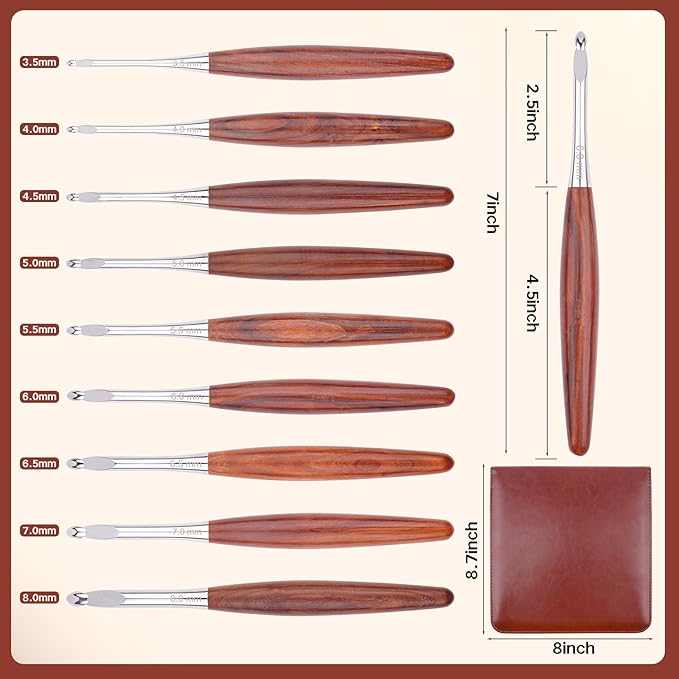 WAZAIGUR 9 Sizes Brown Wooden Smooth Grip Crochet Needles Beginner Kit Ergonomic Crochet Hooks Set with Case for Arthritic Hands (3.5mm-8mm)