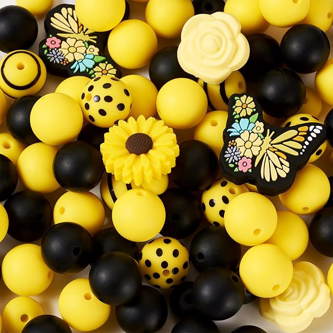 96 Pcs Butterfly Silicone Focal Beads for Keychain Yellow Silicone Loose Beads for Bracelet Making Rondelle Flower Daisy Beads for Women Jewelry Making DIY Birthday Supplies