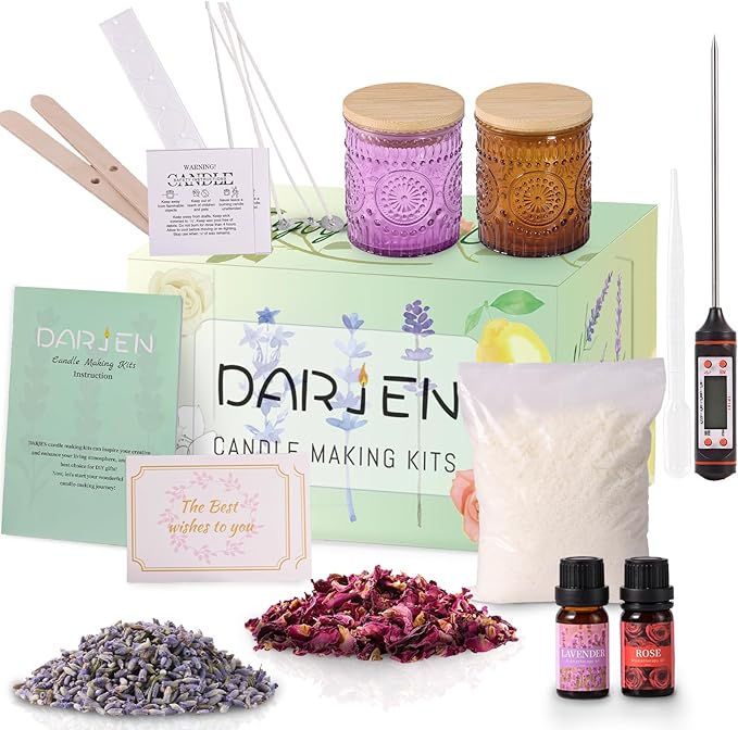 DARJEN Candle Making Kits for Adults- Soy Candle Making Supplies with 2 Candle Jars(Purple, Amber), Wax, Scents, Card & More, DIY Starter Candle Making Kit, Full Set DIY Arts & Crafts Gift