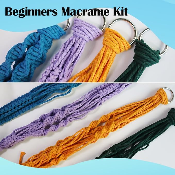 ewparts macrame plant hanger kit with instruction book tutorials metal rings 4mm macrame cord green/purple/orange/blue pre-cutted for making 4 macrame plant hangers macrame kit for adults beginners
