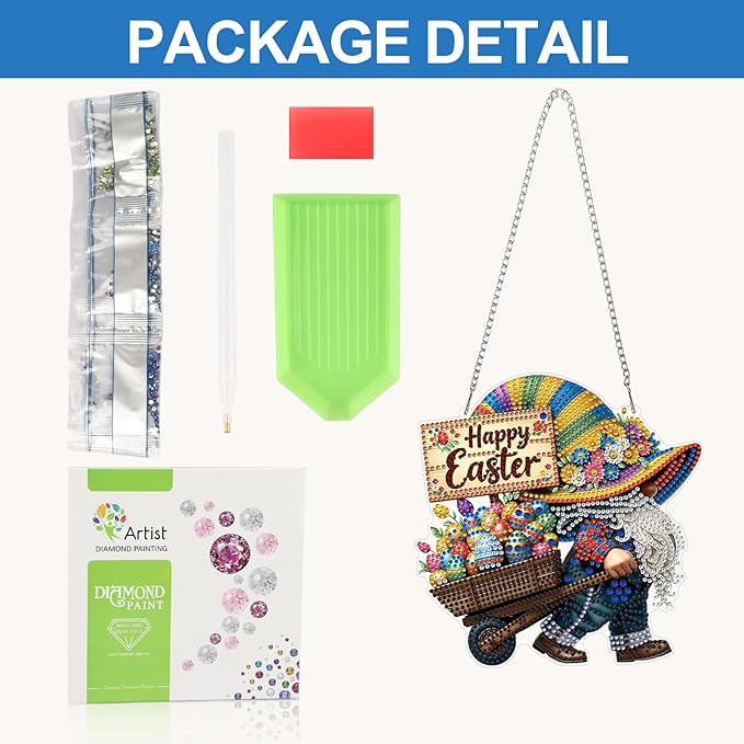 CEOVR Easter Diamond Painting Pendant, Easter Egg Gnome Hanging Diamond Art for Adults DIY Gem Art Wall Hanging Ornament, Acrylic Home Garden Decor with Chain, Box Kit 7.59×7.87inch