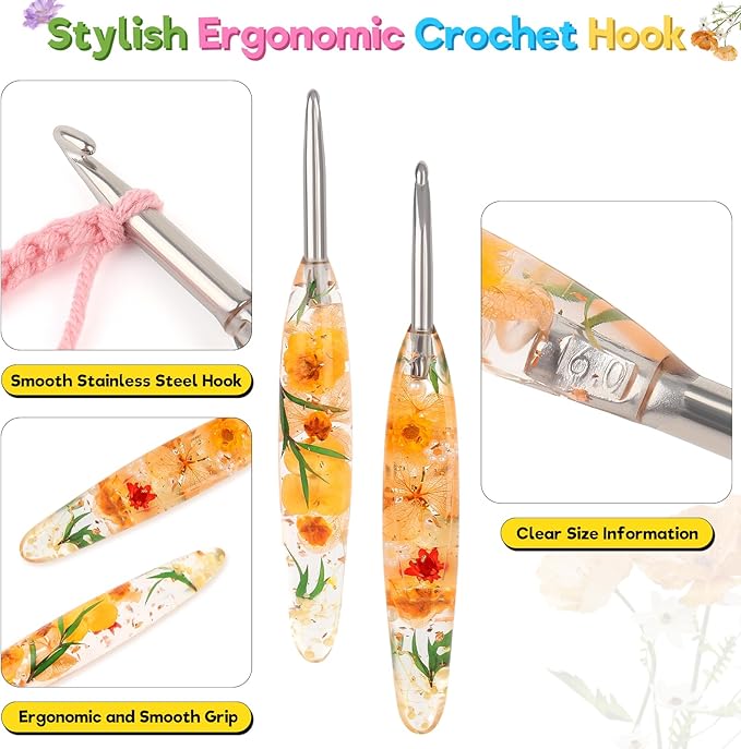 Katech 6.0mm Crochet Hook for Arthritic Hands, Hand-Polished Stainless Steel Ergonomic Crochet Hooks with Customized Sparkle Dried Floral Grip, Soft Tapered Hook-Crochet Gift for Beginner & Crocheter