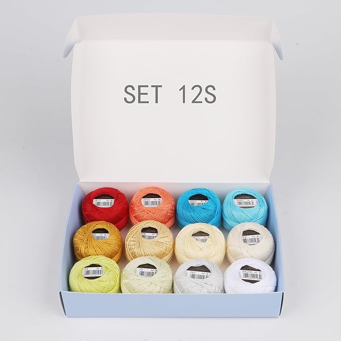 Size 8 Double Mercerized Egyptian Long Staple Cotton Pearl Thread 12 Gradient Colors per Box 5 Grams Ball Rainbow Color Embroidery Thread for Crochet Cross Stitch Hand Embroidery (12S)