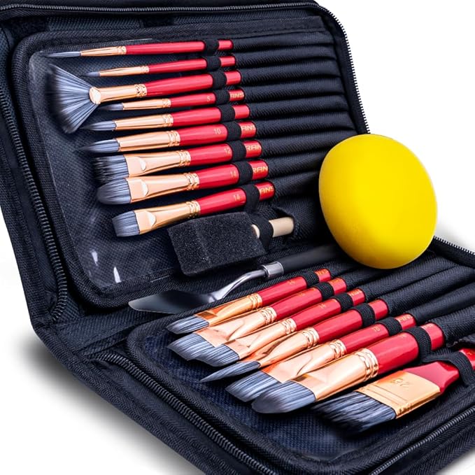 Transon Art Paint Brush Kit 16 Paint Brushes with Foam Brush Sponge Spatula and Brush Case for Oil, Acrylic, Watercolor, Gouache, Painting Pink Color