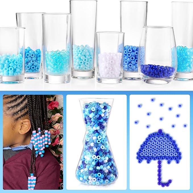 Blue and White Pony Beads, 1200Pcs 6x9mm Pony Bead Bulk and 100Pcs Square Letters, Large Hole Hair Bead for Braids for Girls Kids, Plastic Kandi Beads for Bracelets Jewelry Making DIY Crafts(8 Colors)