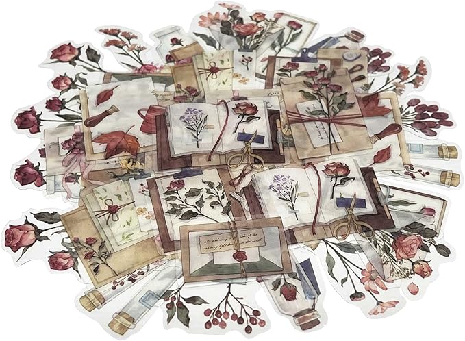 Vintage Pink Rose Scrapbook Stickers, 40Pcs Decorative Retro Adhesive Watercolor Aesthetic for Craft Art Bullet Junk Journal DIY Paper Planner Notebook Collage Album