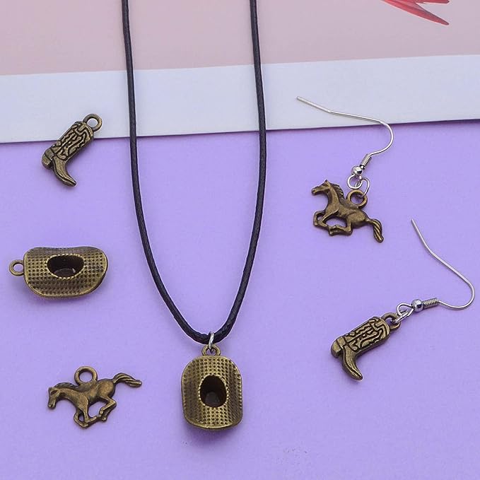 60pcs Antique Bronze Western Themed Cowboy Charms Tibetan Alloy Western Cowboy Hat Boot Horse Pendants Charms for DIY Bracelet Necklace Earrings Jewelry Making