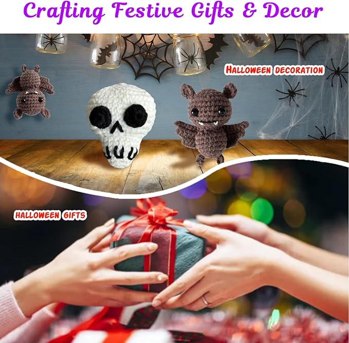 Xanadued Crochet Kit for Beginners, Crochet Halloween Bat & Skull Set, Knitting Kit for Beginners Adults, Easy Learn to Crochet Kit with Tutorial and Step-by-Step Instruction Vedio