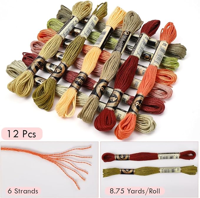 12 Skeins 105 Yards Embroidery Floss Thread Bulk Variegated Floss 6 Strands Green Orange Friendship Bracelet String Cross Stitch Threads for Jewelry Making Bracelet Stitching Craft Supply