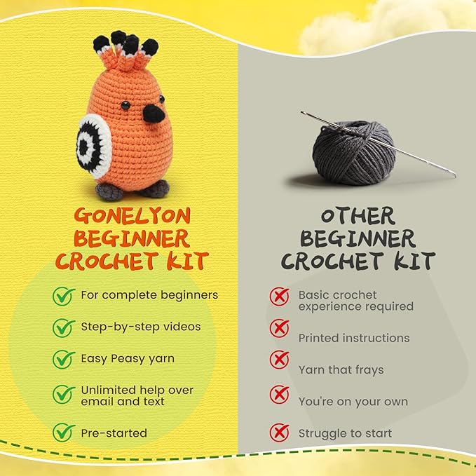 GONELYON Crochet Kit for Beginners, Crochet Kit for Beginners Crochet Starter Kits for Adults and Kids with Step by Step Video, 3 Kawaii Parrots DIY Yarn Plush