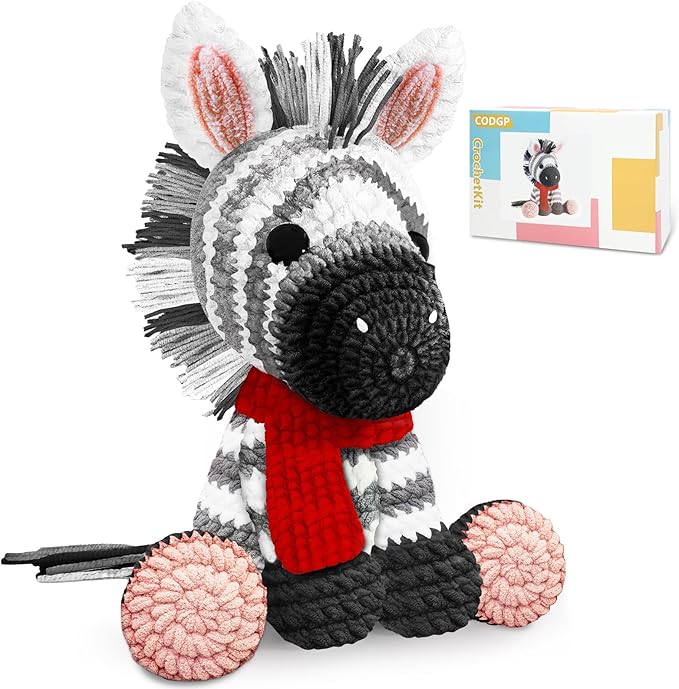 codgp crochet kit for beginners,11.8in crochet animal kit zebra,crochet starter kit gift for adults kids with yarn sets,amigurumi crochet kit with step-by-step video tutorials