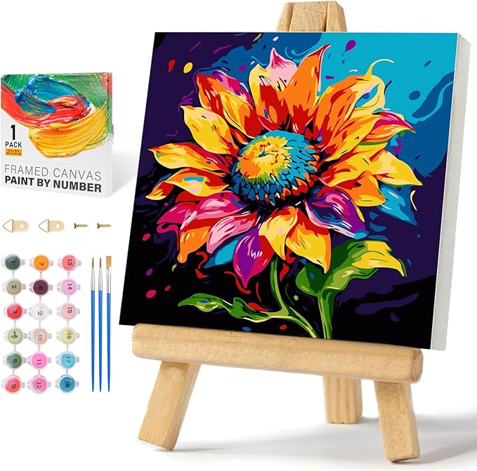Framed Paint by Numbers Kit for Adults Beginners & Kids Ages 8-12, Sunflower Acrylic Easy Paint by Number with Frame, Watercolor Paint by Number Kits on Canvas Framed (10 * 10 Inch, without Easel)