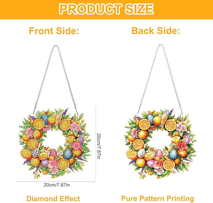 QENSPE Diamond Painting Art Hanging Kits for Adults, 5D Easter Eggs Special Shape Diamond Paingting Ornaments with Chain, DIY Flower Wreath Crystal Window Pendants for Home Wall Decor Gifts 8X8 inch