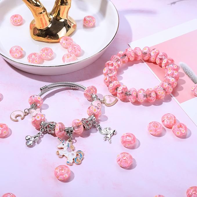 AIPRIDY Girls' Lucky Beads Lover Amber Beads, Big Hole Spacer Beads European Craft Beads for DIY Charms Bracelet Jewelry Making (Rose red)