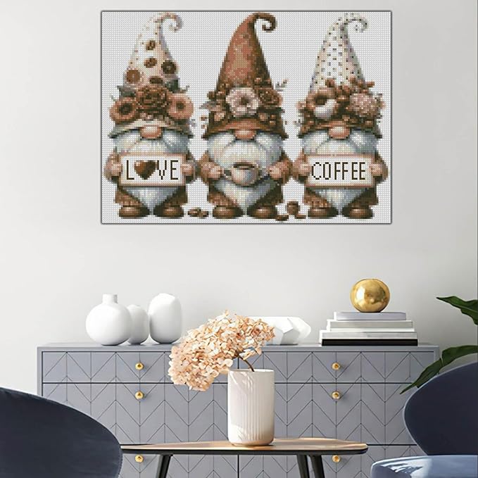 stamping cross stitch kit gnome and flowers, counting cross stitch kit for adult beginners coffee, full line diy cross stitch stitching kit for home decor cross stitch patterns 15.7x11.8inches