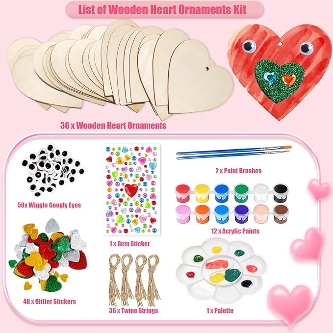 KITRDOOR Wooden Hearts for Crafts, 36pcs Valentine's Day Heart Ornaments Hanging Decorations, Unfinished Wood Heart Painting Craft Kit, DIY Valentines Crafts for Adults Classroom Gift (Pink)
