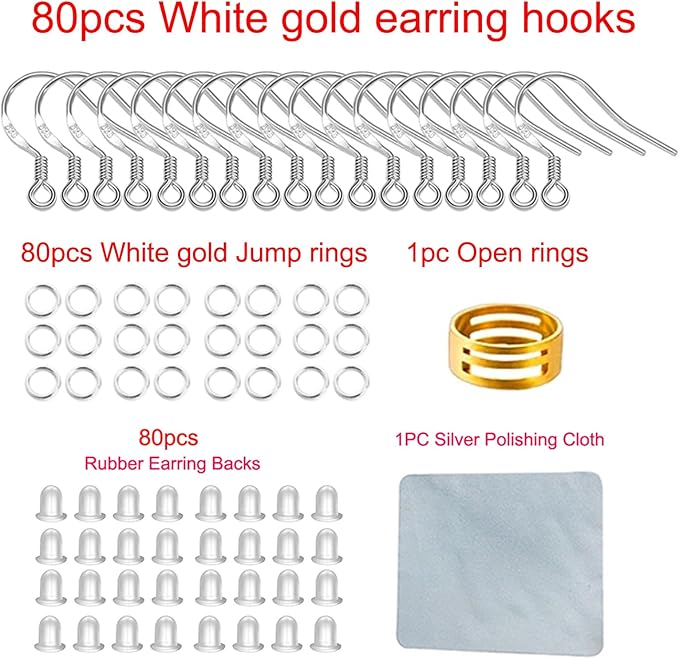 white gold earring hooks, 80 pcs/40 pairs ear wires fish hooks, 240pcs hypoallergenic earring making kit with jump rings and clear silicone earring backs stoppers