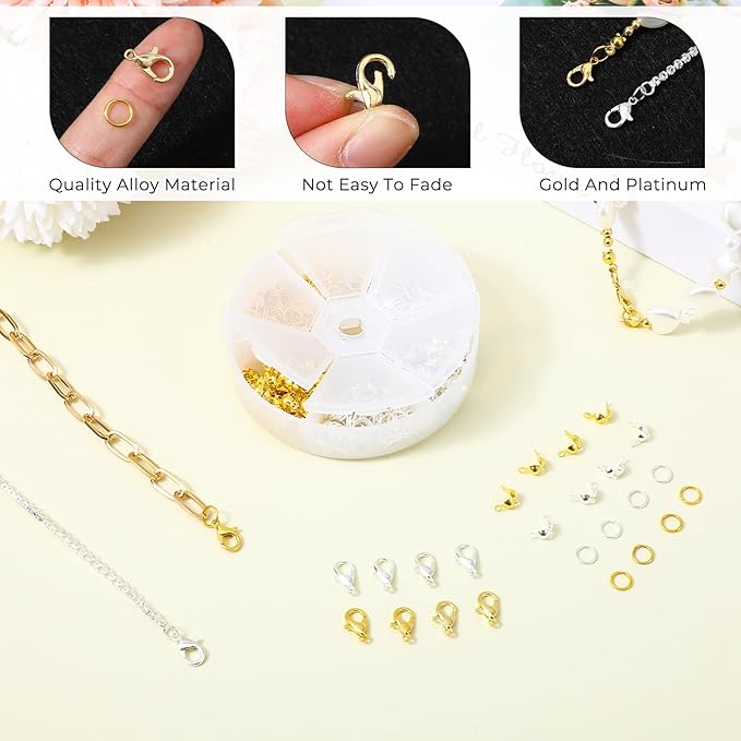 460 Pcs Lobster Claw Clasps for Keychains Bracelet Clasps and Closures Bead Tips Knot Covers Guage Open Jump Ring Brooch Necklace Bracelet DIY Set for Jewelry Making Supplies Bracelets (Gold, Silver)