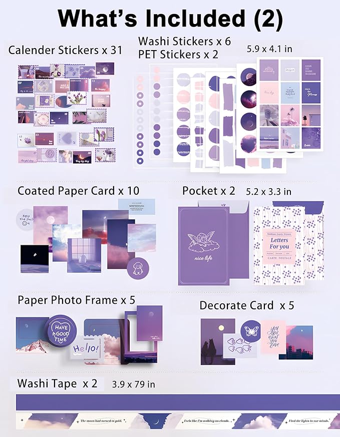 joychoic 348 pcs scrapbook kit, moonlight junk journal supplies, purple journaling and scrapbooking materials, large aesthetic collection for women, stationery diy arts craft, adults daily