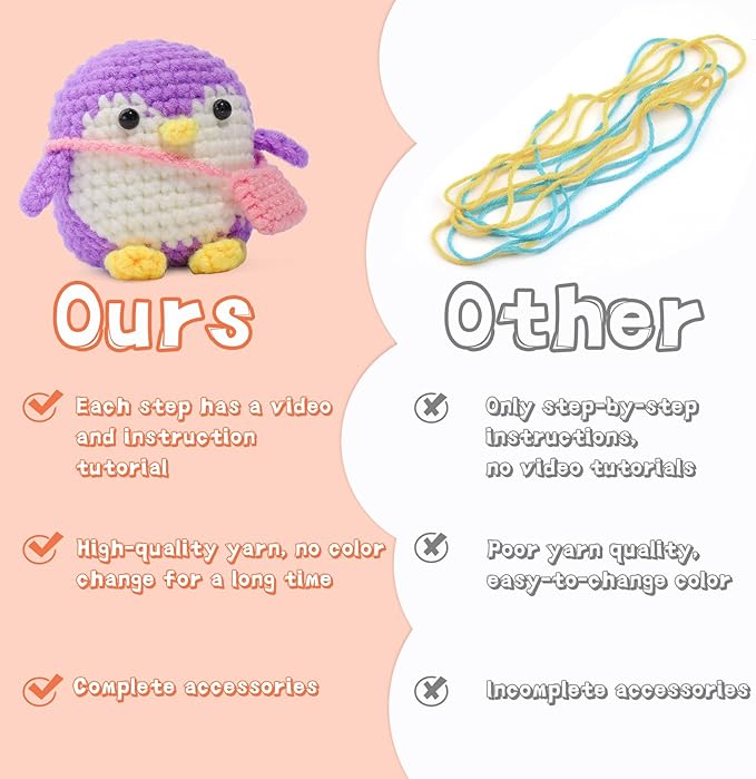 IMZAY Crochet Kit for Beginners, Beginner Animal Kit, Cute Starter with Video Tutorial, Hooks, Colored Yarns, Stitch Marker Complete Set to Make Purple Penguin