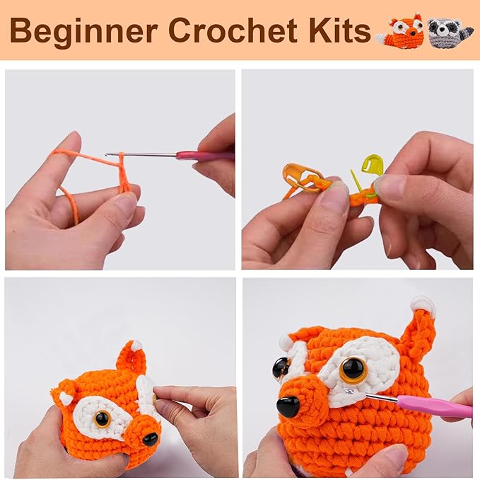 Vanttokeey Crochet Kit for Beginners, Animal Amigurumi Crochet Kits Included, Step-by-Step Video Tutorials, Beginner Crochet Kit for Adults and Kids, Crocheting Starter Set (Foxy)