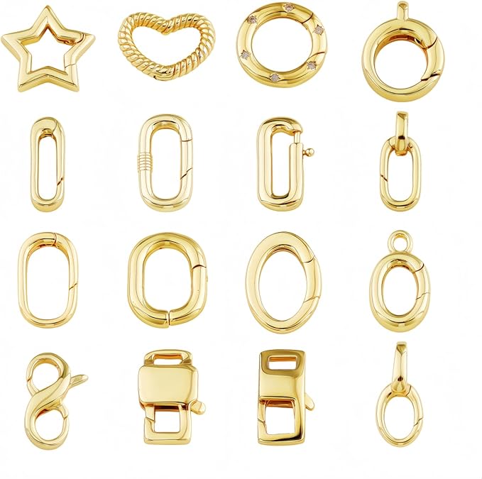 16pcs 18k gold filled oval carabiner clasp, lobster claw and spring clasps for diy jewelry making, necklace bracelet keychain findings (style 2)